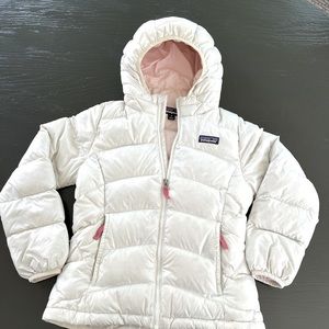 Girls Patagonia Hi-Loft Down Sweater Hoodie Jacket/Puffer -Birch White and Pink